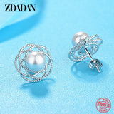 925 Sterling Silver Hollow Flower Pearl Stud Earrings