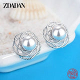 925 Sterling Silver Hollow Flower Pearl Stud Earrings
