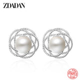 925 Sterling Silver Hollow Flower Pearl Stud Earrings