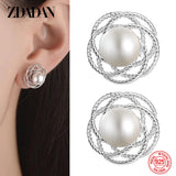 925 Sterling Silver Hollow Flower Pearl Stud Earrings
