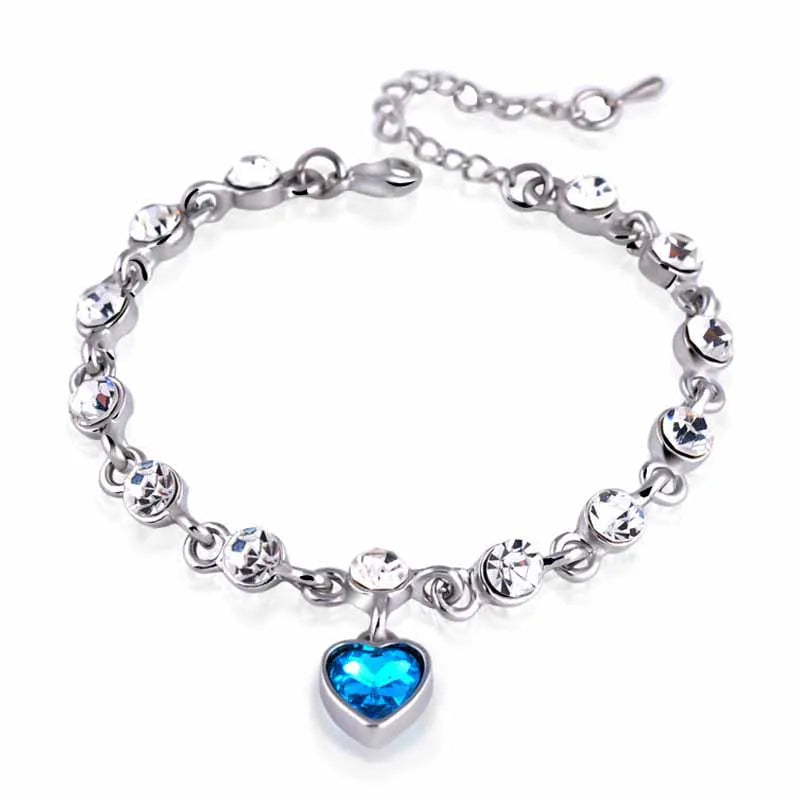 925 Sterling Silver Charm Sapphire Heart Bracelet Chain For Women