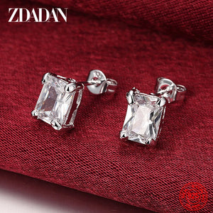 925 Silver Square Zircon Stud Earrings Wedding Jewelry