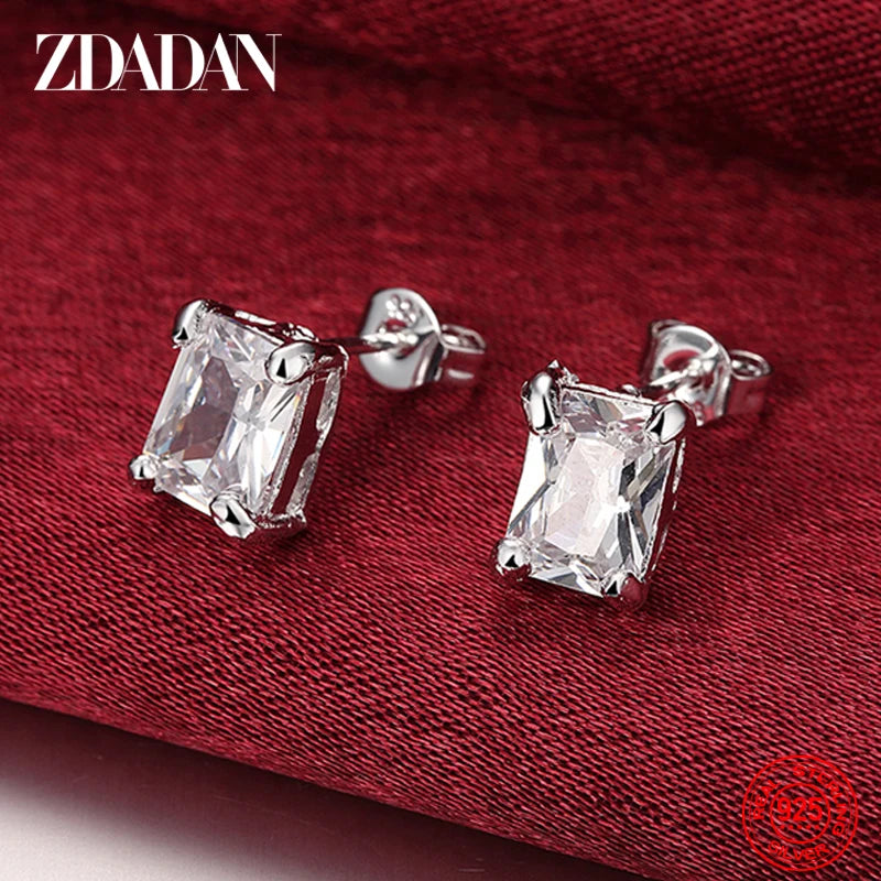925 Silver Square Zircon Stud Earrings Wedding Jewelry