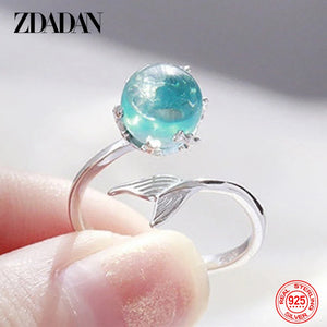 925 Silver Crystal Fishtail Open Ring Women Jewelry