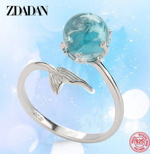 925 Silver Crystal Fishtail Open Ring Women Jewelry