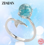 925 Silver Crystal Fishtail Open Ring Women Jewelry