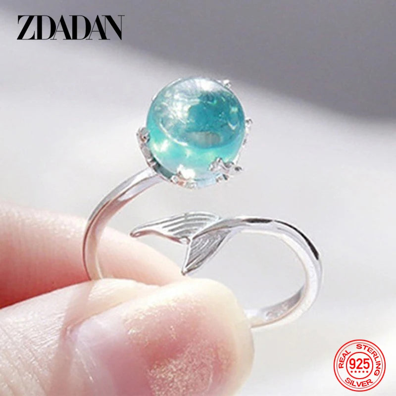 925 Silver Crystal Fishtail Open Ring Women Jewelry
