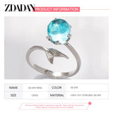 925 Silver Crystal Fishtail Open Ring Women Jewelry