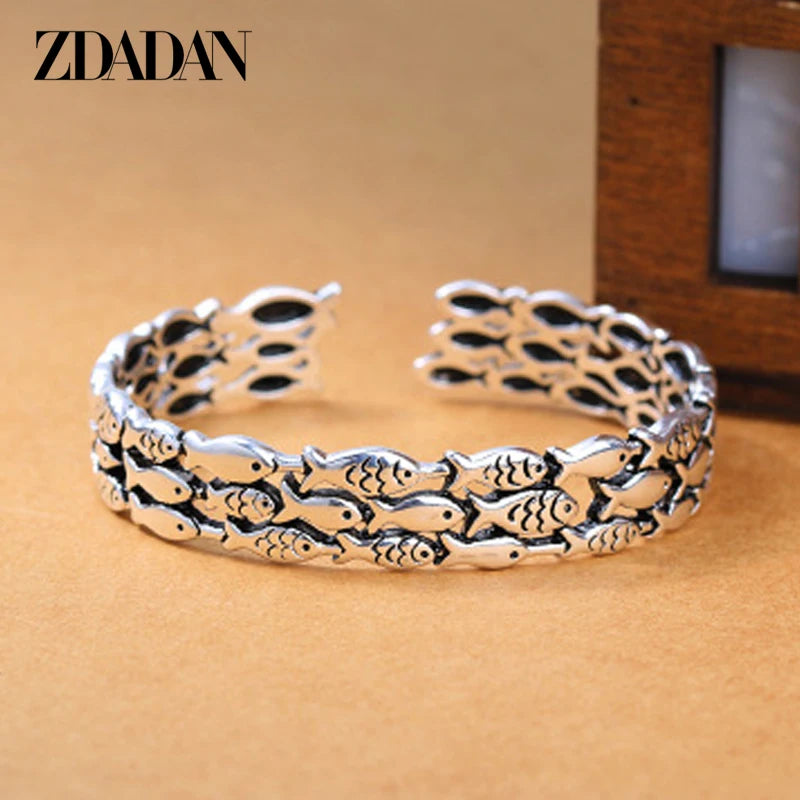 925 Sterling Silver Fish Open Cuff Bracelet for Women Men