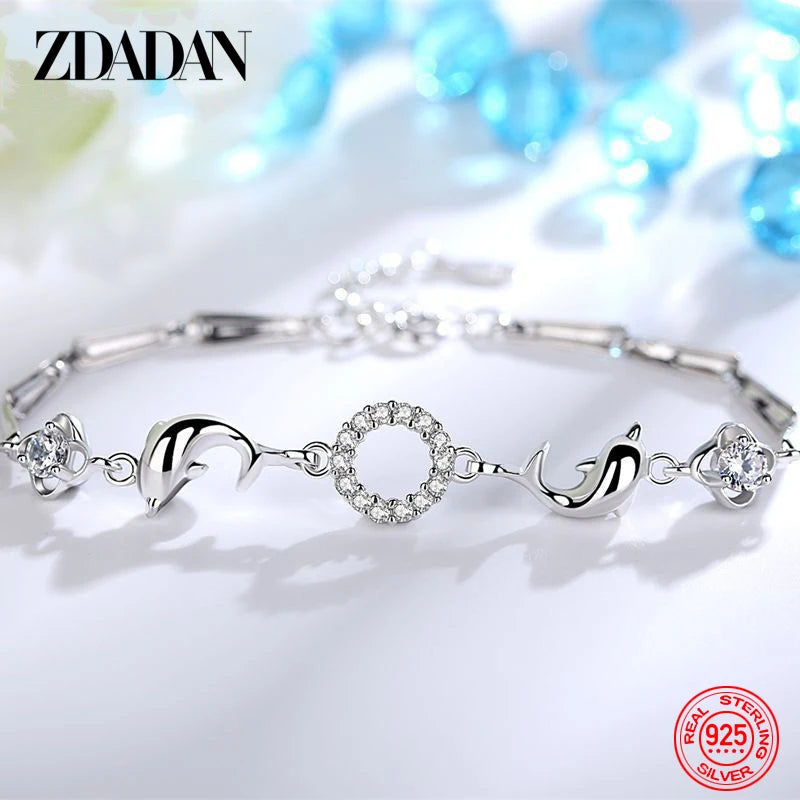 925 Silver Dolphin CZ Bracelet Chain For Women