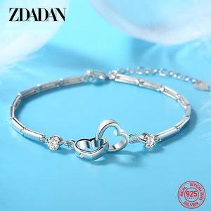 925 Sterling Silver Double Heart Bracelet Wedding Jewelry Gift