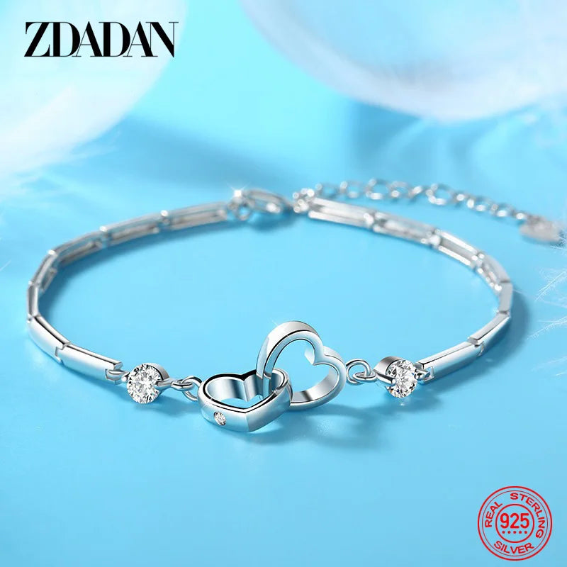 925 Sterling Silver Double Heart Bracelet Wedding Jewelry Gift