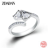 925 Sterling Silver Double Heart Open Adjustable Ring For Women