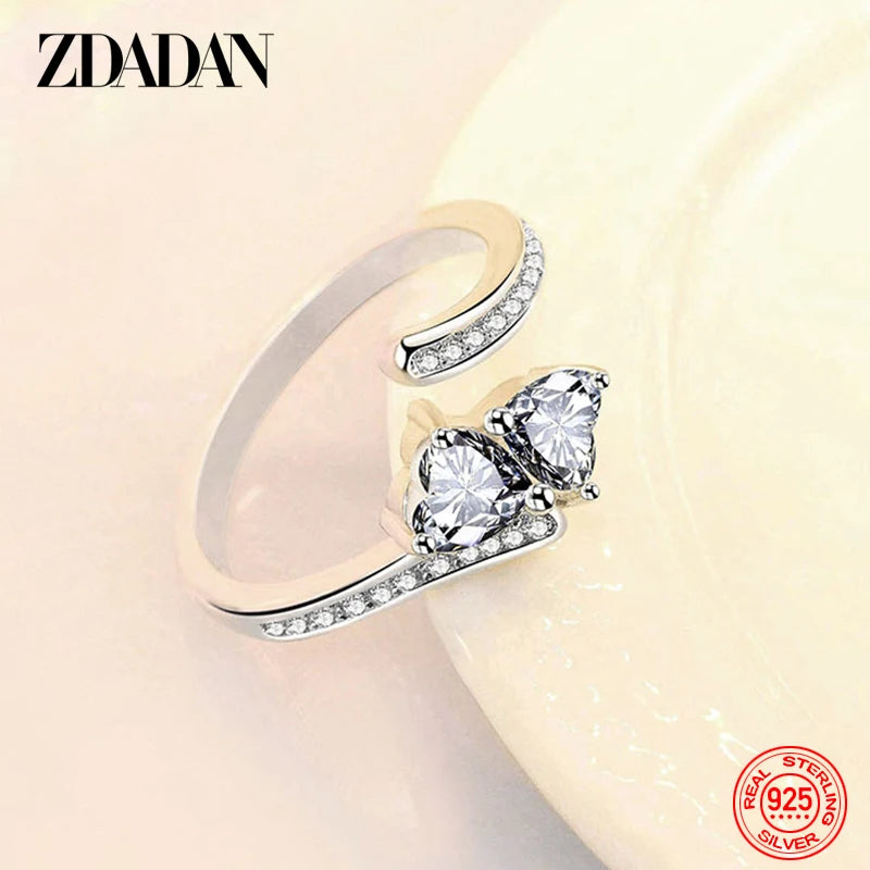 925 Sterling Silver Double Heart Open Adjustable Ring For Women