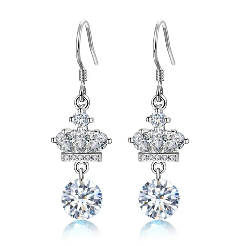 925 Silver Crown CZ Zircon Drop Earrings Wedding Jewelry