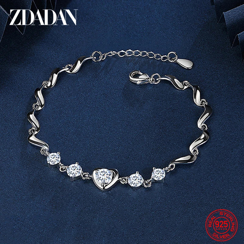 925 Silver Heart Crystal Bracelet Chain for Women Wedding