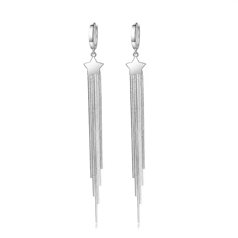 925 Silver Star Long Dangle Earrings for Women Party Wedding