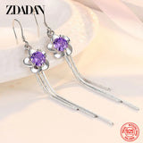 925 Silver Flower Amethyst Dangle Earrings Women's Charm Jewelry