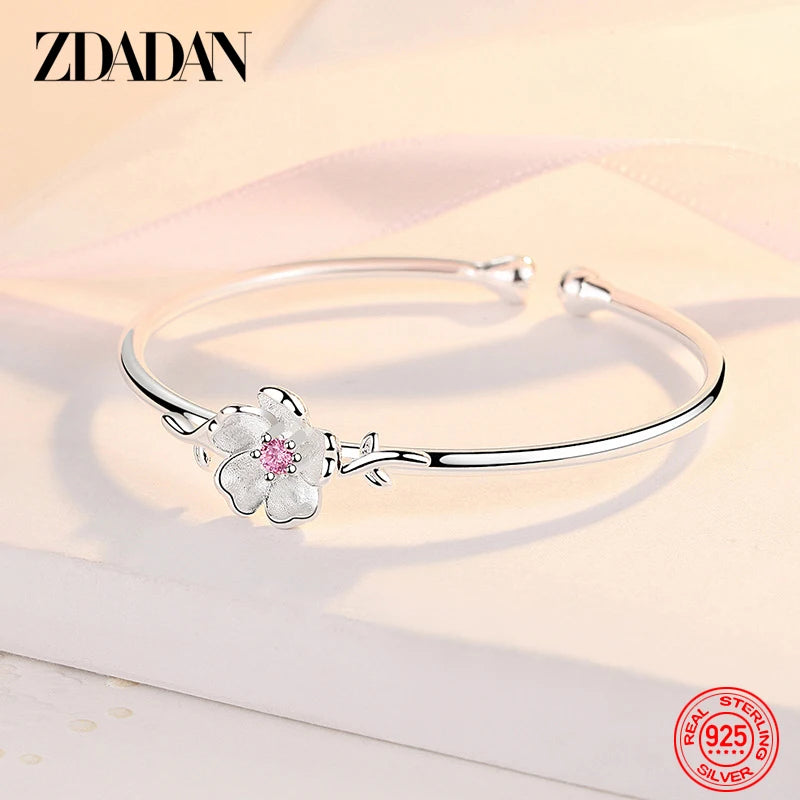 925 Silver Flower Cuff Bracelet Women Wedding Jewelry