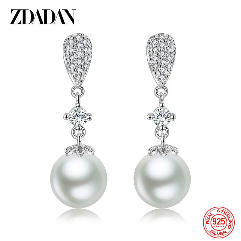 925 Silver Flower Pearl Long Dangle Earrings Wedding Jewelry