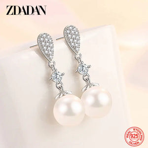 925 Silver Flower Pearl Long Dangle Earrings Wedding Jewelry
