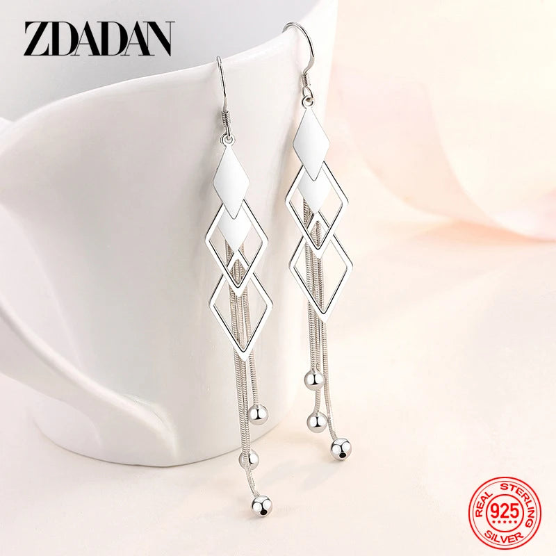 925 Silver Geometric Tassel Drop Earrings Wedding Jewelry