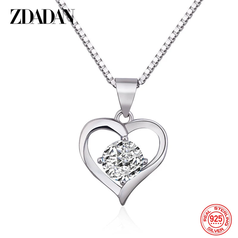 925 Silver Heart Crystal Necklace Women Charm Party Jewelry
