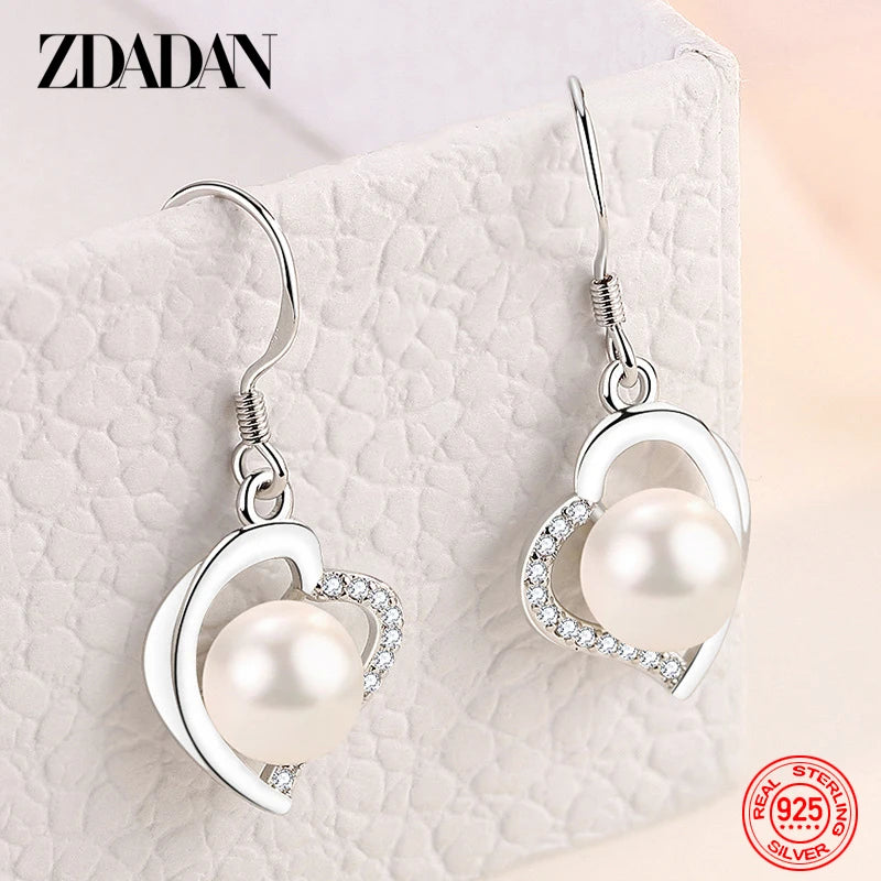 925 Sterling Silver Heart Long Pearl Earrings Wedding Jewelry