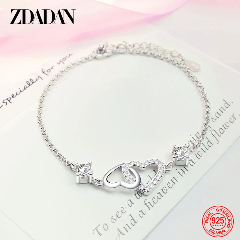 925 Silver Heart Crystal Zircon Bracelet Women Wedding Jewelry