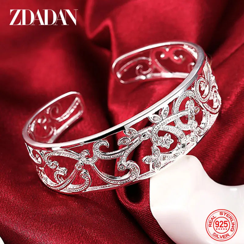 925 Silver Hollow Adjustable Open Cuff Bracelet for Women