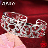 925 Silver Hollow Adjustable Open Cuff Bracelet for Women