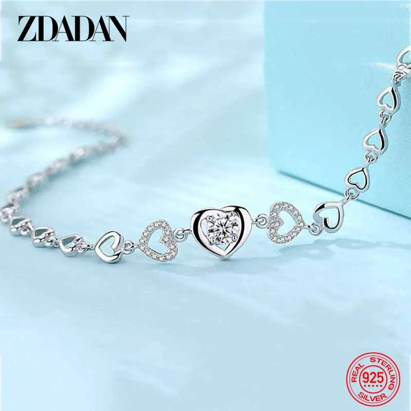 925 Silver Heart Amethyst Bracelet Chain Women Party Jewelry