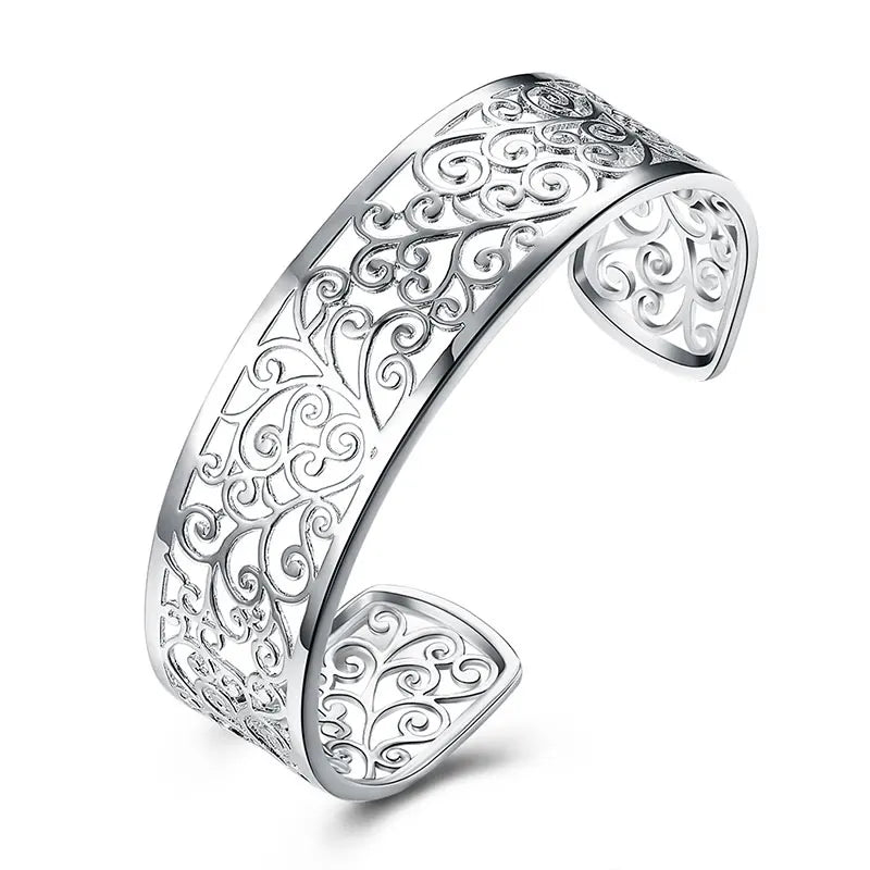 925 Silver Hollow Texture Cuff Bracelet for Women Men