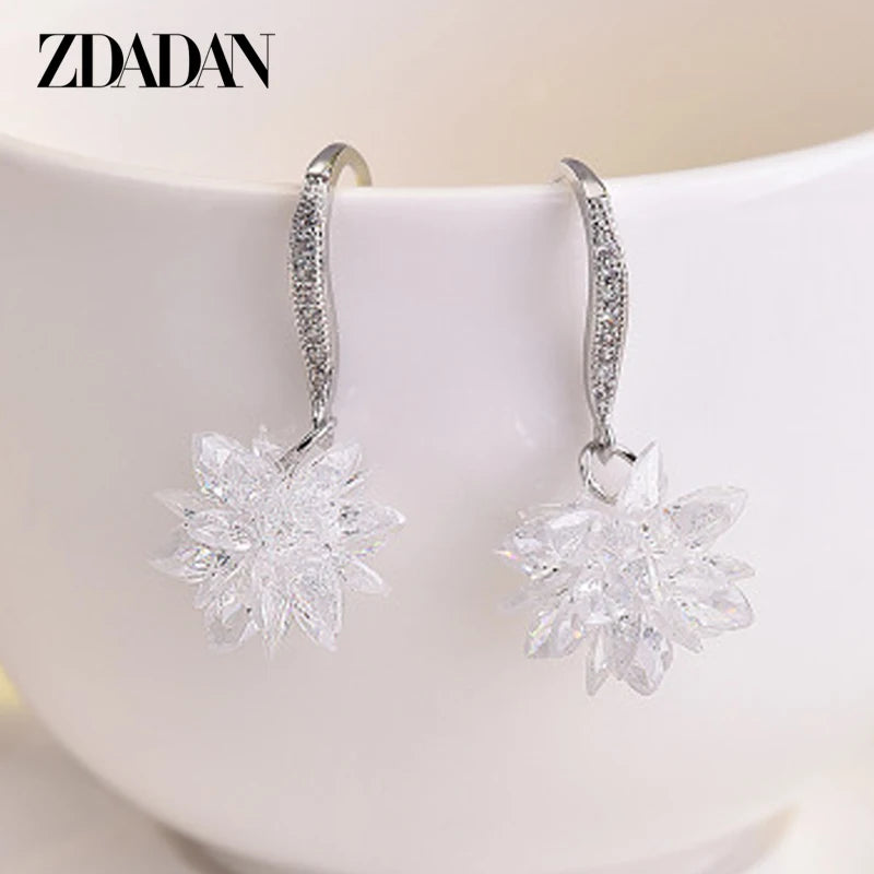 925 Sterling Silver Ice Snow Flower Tassel Dangle Earrings For Women