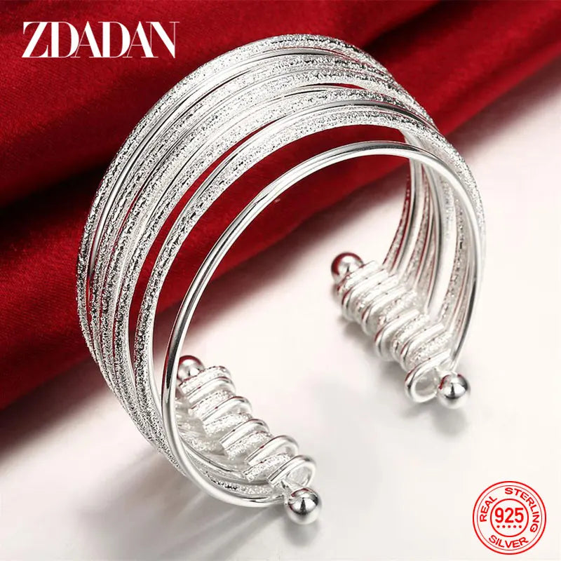 925 Silver Multi-line Open Cuff Bracelet For Women
