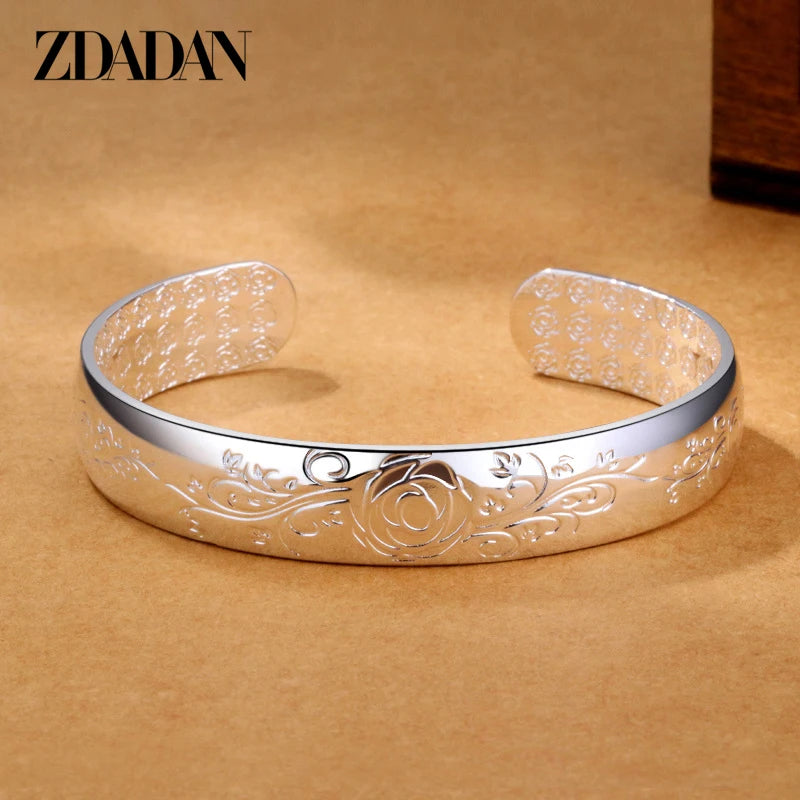 925 Sterling Silver Retro Flower Bracelet Open Bangle