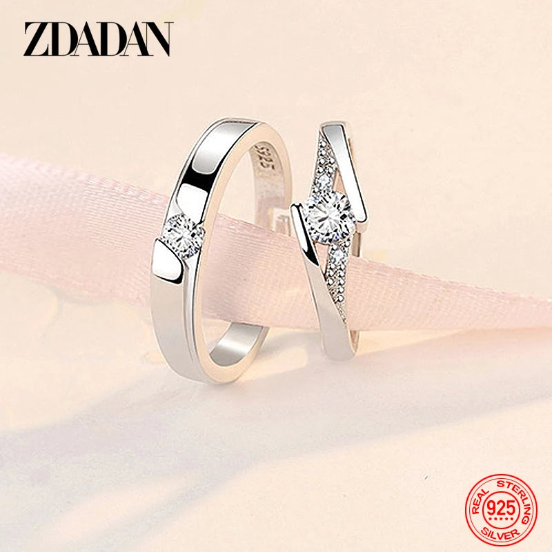 925 Silver CZ Adjustable Ring Wedding Engagement Couple Rings