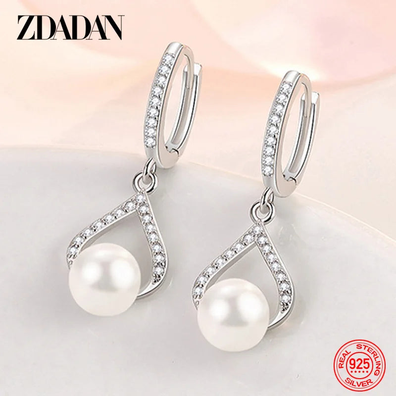 925 Silver Pearl CZ Dangle Earrings Wedding Party Gift