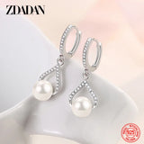 925 Silver Pearl CZ Dangle Earrings Wedding Party Gift