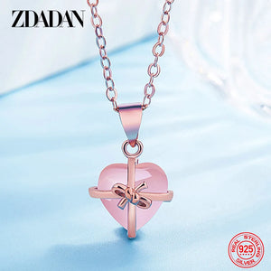 925 Silver Pink Crystal Necklace Chain Women Jewelry Gift