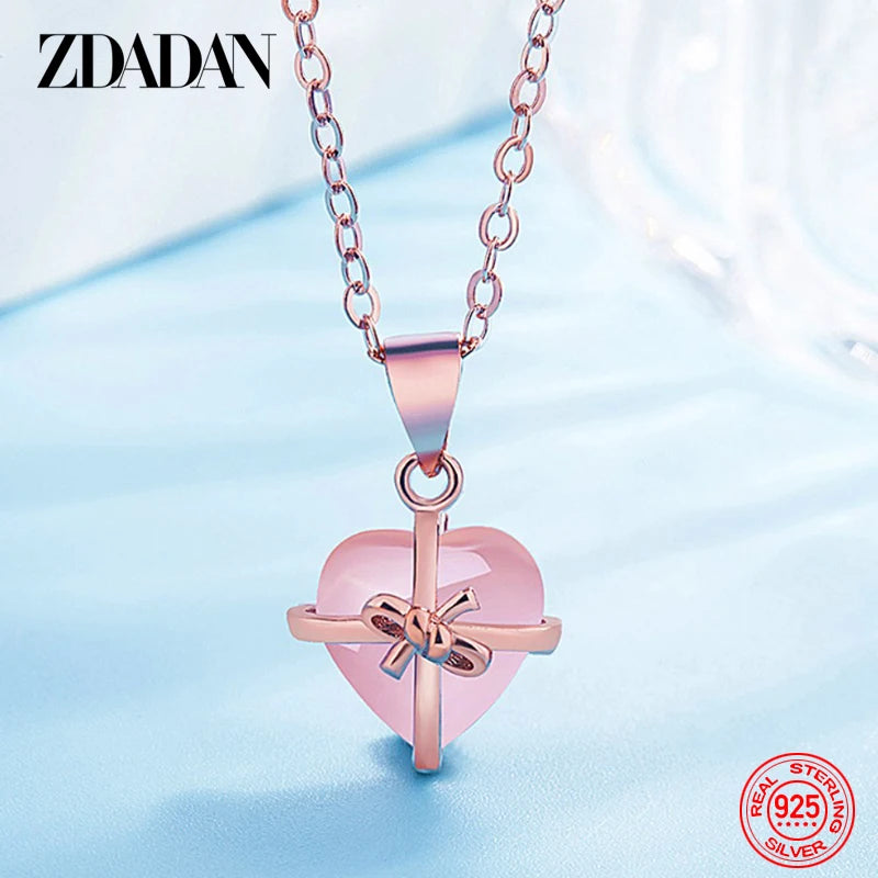 925 Silver Pink Crystal Necklace Chain Women Jewelry Gift