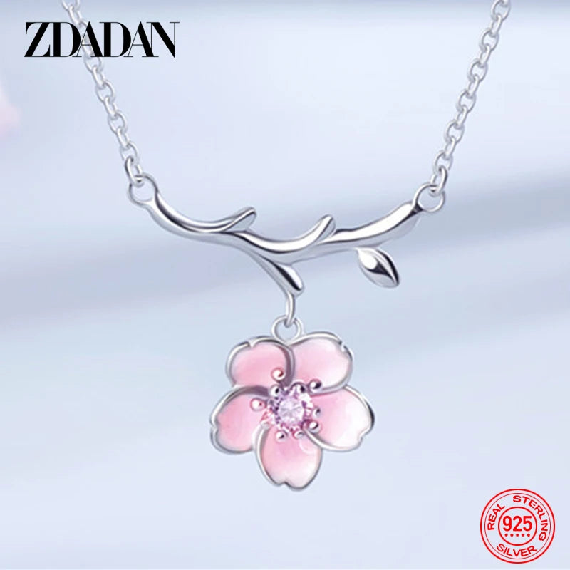 925 Silver Pink Flower Necklace for Women Sweet Jewelry Engagement Gift