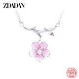 925 Silver Pink Flower Necklace for Women Sweet Jewelry Engagement Gift