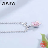 925 Silver Pink Flower Necklace for Women Sweet Jewelry Engagement Gift