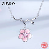 925 Silver Pink Flower Necklace for Women Sweet Jewelry Engagement Gift