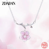 925 Silver Pink Flower Necklace for Women Sweet Jewelry Engagement Gift