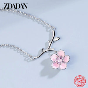 925 Silver Pink Flower Necklace for Women Sweet Jewelry Engagement Gift
