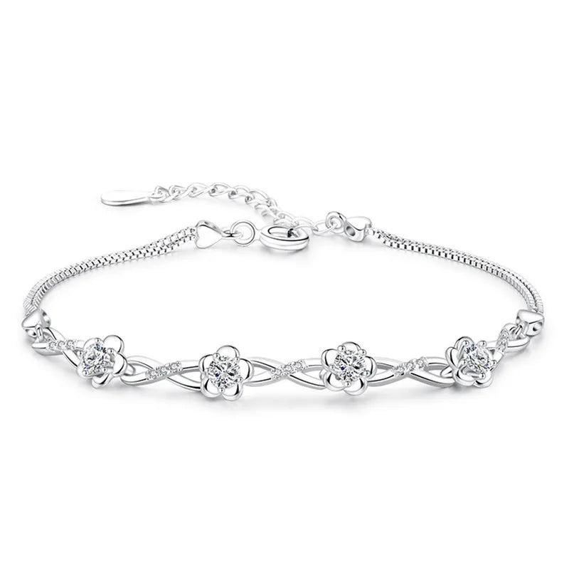 925 Silver Purple Rose Flower Bracelet Adjustable Glamour Party Jewelry