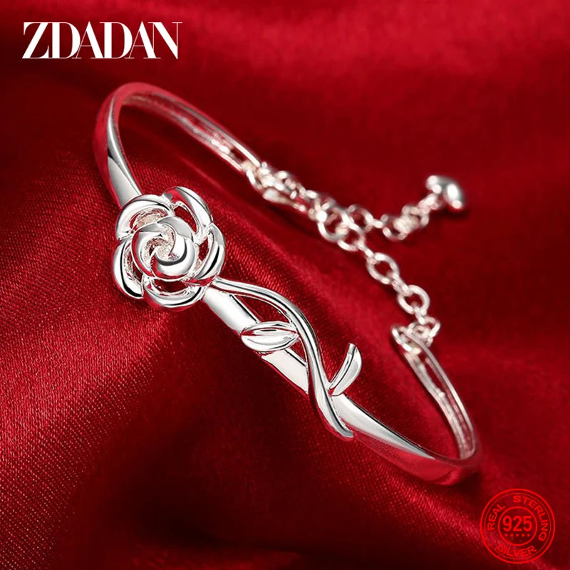 925 Silver Rose Charm Bracelet Chain Women Adjustable Bangle