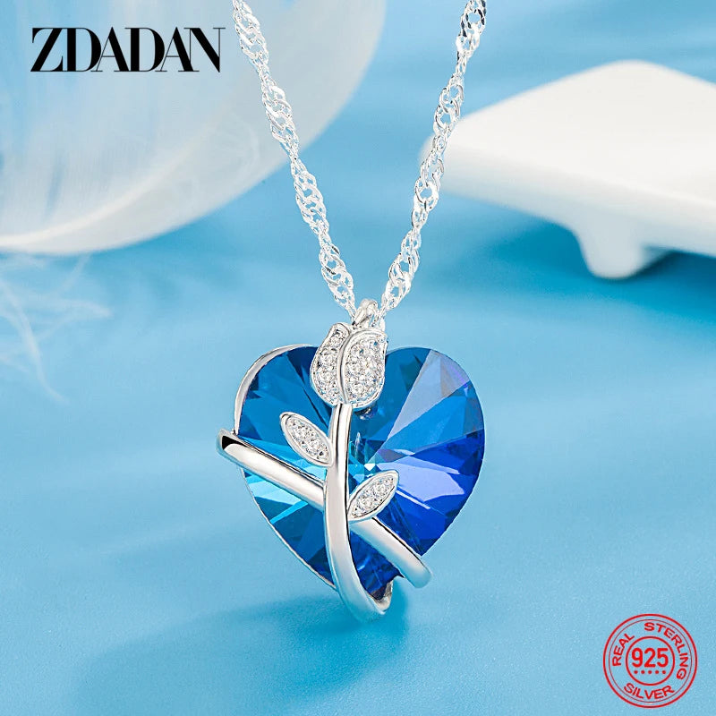 925 Silver Rose Flowers Heart Crystal Necklace For Women